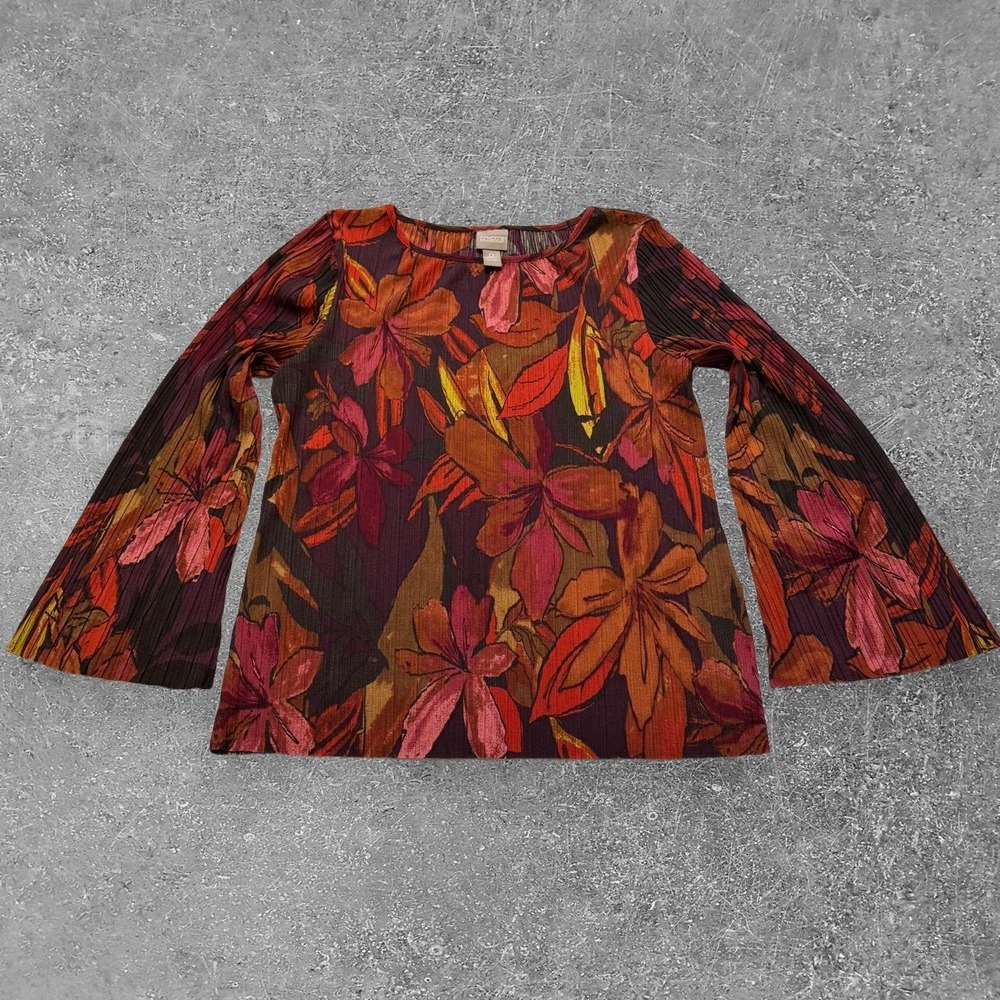 Chico's Women Size 0 Red Orange Floral Mesh Pleated Bell Sleeve Top